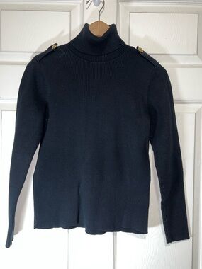 Lauren Ralph Lauren Black Ribbed Turtleneck Sweater with Gold Shoulder Buttons